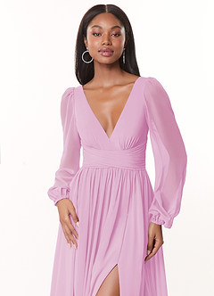 Azazie Norah Bridesmaid Dresses Candy Pink A-Line V-Neck Long Sleeve Chiffon Dress image5
