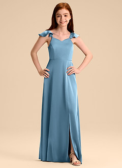 Azazie Everett Junior Steel Blue A-Line Bow Stretch Satin Dress image7
