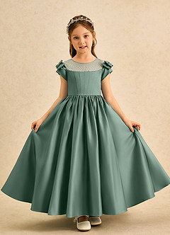 Azazie Toffee Abiti da Ragazza di Fiori Abito Stile Principessa in Raso Opaco Fiocco Eucalipto image2