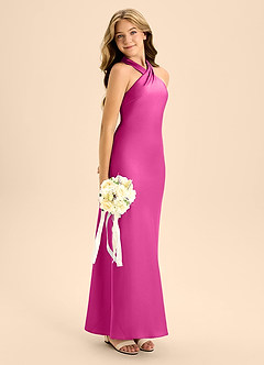 Azazie Doretta Junior Fuchsia A-Line Pleated Stretch Satin Dress image7