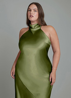 Azazie Velli Vestidos de damas de honor Vestido Oliva de Satén Metálico de Corte Recto con Cuello alto image9