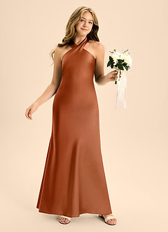 Azazie Doretta Junior Vestido Cobre de Cetim elástico de Linha A com Plissado image5