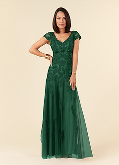 Azazie Romy vestidos de madre de la novia Vestido de Verde Oscuro de Tul de Sirena con Cuello en V Lentejuelas image1