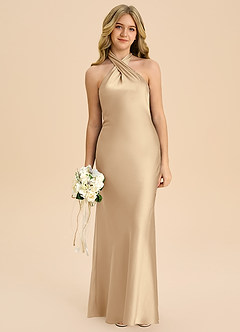 Azazie Chickie Junior Jurk van Stretch Satijn met Kolom Geplooid Champagne image3