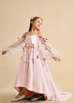 Azazie Karrie Robe Demoiselle D'honneur Fillette Robe Trapèze en Tulle avec manches Rose Pâle image5