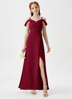 Azazie Ocean Junior Burgundy A-Line Off the Shoulder Stretch Satin Dress image4