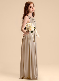 Azazie Bibiane Junior Taupe A-Line Pleated Stretch Satin Dress image5