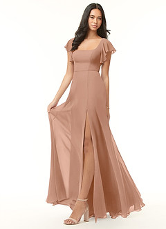 Azazie Bondi Bridesmaid Dresses Champagne Rose A-Line Ruffled Chiffon Dress image4