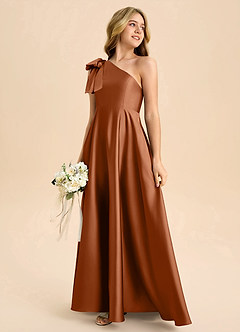 Azazie Penguin Junior A라인 절하다 스트레치 새틴 플로어 길이 주니어 신부 들러리 드레스 image6