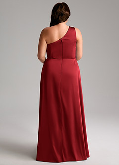 Azazie Brooke Robes de demoiselle d'honneur Robe Trapèze en Satin extensible Une épaule Écarlate image10