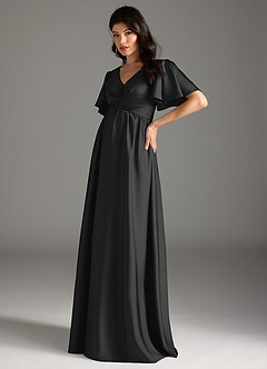 Azazie Verna At-home Try On Dresses A-Line Ruched Stretch Satin Floor-Length Dress image4