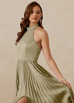 Christian Siriano Bridal for Azazie 1007 Bridesmaid Dresses Moss Green A-Line Pleated Stretch Satin Dress image2