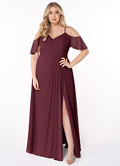 Azazie Dakota Bridesmaid Dresses Cabernet A-Line V-Neck Pleated Chiffon Dress image6