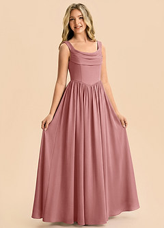 Azazie Cali Junior Vestido Rosa Polvorienta de Satén Elástico de Corte en A con Plisado image4