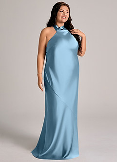 Azazie Velli Abiti da Damigella Abito Sirena in Raso Elasticizzato Collo Alto Blu Acciaio image12