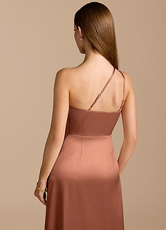 Azazie Trina Bridesmaid Dresses Bronzer A-Line One Shoulder Metallic Satin Dress image2