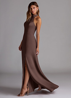 Azazie Myra Bridesmaid Dresses Ganache A-Line High Neck Stretch Satin Dress image5