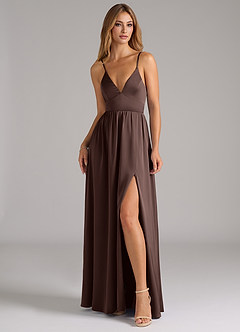 Azazie Aaida Bridesmaid Dresses Ganache A-Line Corset Stretch Satin Dress image4