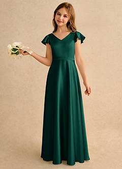 Azazie Nari Girls Formal Robe Demoiselle D'honneur Fillette Robe Trapèze en Satin extensible avec manches émeraude image1