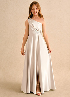 Azazie Puddles Junior Formal Jurken voor bloemenmeisjes A-Lijn Jurk van Mat Satijn One-Shoulder Wit Albast image4