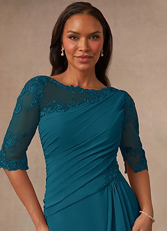 Azazie Dionysus Mother of the Bride Dresses Ink Blue A-Line Boatneck Lace Chiffon Dress image4