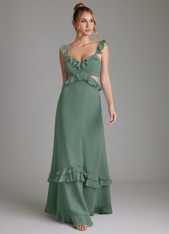 Azazie Malaya Vestidos de damas de honor Vestido de Eucalipto de Gasa de Corte en A con Corsé image4