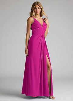 Azazie Maren Allure Vestidos de damas de honor Vestido de Fucsia de Gasa de Corte En A con Cuello en V Encaje image4