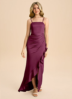 Azazie Buzzy Junior Mulberry Sheath Pleated Stretch Satin Dress image4