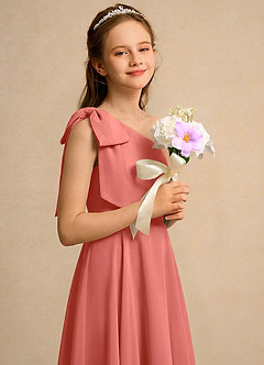 Azazie Guppy Girls Formal Blumenmädchenkleider A-Linie One-Shoulder Chiffon Kleid Lachsrosa image4
