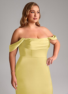 Azazie Saige Abiti da Damigella Abito Tubino in Raso Elasticizzato a Spalla Scoperta Canarino image14