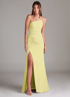 Azazie Eren Jurken voor bruidsmeisjes Jurk van Chiffon met Kolom One-Shoulder Citroensorbet image3