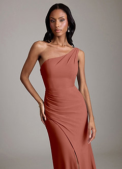 Azazie Madelyn Bridesmaid Dresses Auburn Mermaid One Shoulder Chiffon Convertible Dress image8