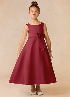 Azazie Lindy Flower Girl Dresses Pomegranate A-Line Pleated Matte Satin Dress image2