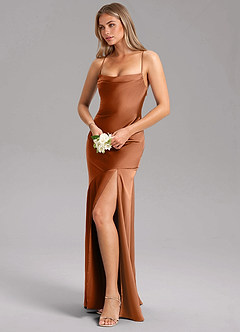 Azazie Grata Bridesmaid Dresses Copper Sheath Side Slit Stretch Satin Dress image4