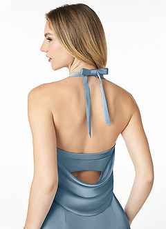 Azazie Myla Robes de demoiselle d'honneur Robe Fourreau en Satin extensible Trou de serrure de capot Bleu Poussiéreux image5