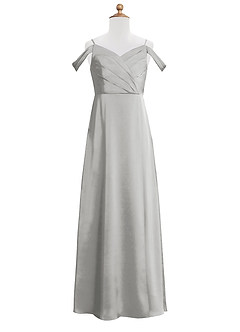 Azazie Ocean Junior Silver A-Line Off the Shoulder Stretch Satin Dress image8