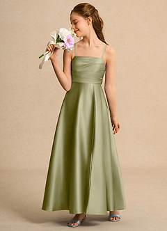Azazie Pebbles Girls Formal Flower Girl Dresses Moss Green A-Line Pleated Matte Satin Dress image4