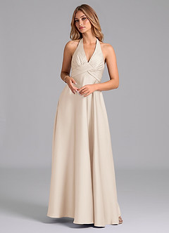 Azazie Tessie Vestidos de damas de honor Vestido de Alabastro Blanco de Satén Elástico de Corte en A con Plisado image1