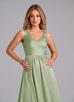 Azazie Keyla Bridesmaid Dresses Dusty Sage A-Line Pleated Stretch Satin Dress image3