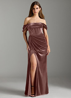 Azazie Amyra Bridesmaid Dresses Espresso Sheath Off the Shoulder Velvet Convertible Dress image6