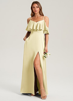 Azazie Jean Bridesmaid Dresses Lemon Sorbet A-Line Off the Shoulder Stretch Satin Dress image3