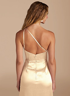 Azazie Mika Bridesmaid Dresses Gold Sheath One Shoulder Metallic Satin Dress image2