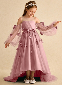 Azazie Karrie Flower Girl Dresses Dusty Rose A-Line with Sleeves Tulle Dress image4
