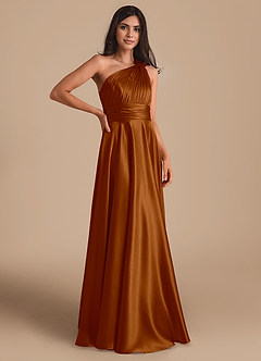 Azazie Charlize Bridesmaid Dresses Copper A-Line One Shoulder Metallic Satin Dress image3