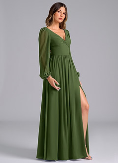 Azazie Zeya Bridesmaid Dresses Olive A-Line Long Sleeve Chiffon Dress image3