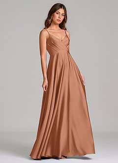 Azazie Amani 신부 들러리 드레스 A라인 주름진 스트레치 새틴 바닥 길이 드레스 image1