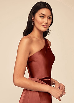 Azazie Maron Bridesmaid Dresses Terracotta A-Line One Shoulder Stretch Satin Dress image5