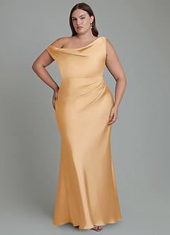 Azazie Emerson Bridesmaid Dresses Gold Mermaid Off the Shoulder Stretch Satin Dress image8