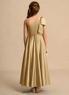 Azazie Guppy Girls Formal Flower Girl Dresses Gold A-Line One Shoulder Matte Satin Dress image2