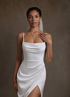 Azazie Katiya Wedding Dresses Diamond White Sheath Cowl Neckline Pleated Stretch Satin Dress image7